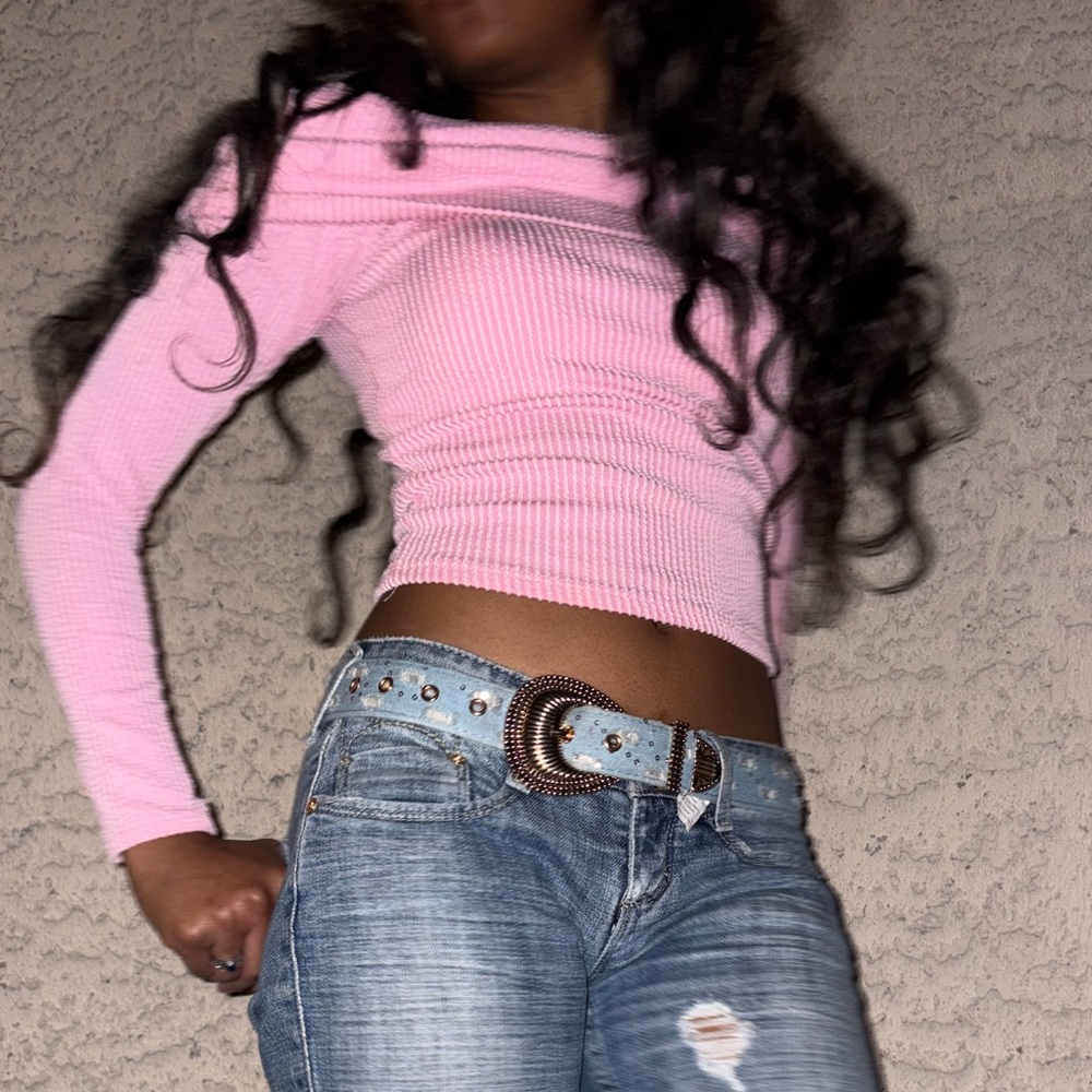 Pink Ribbed Long Sleeve Off Shoulder  Top